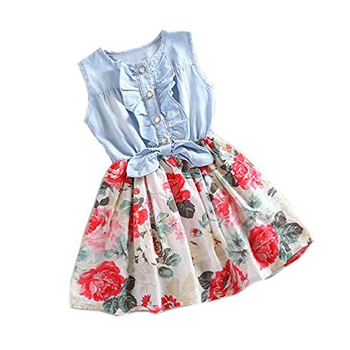 Clearance Sale!! Little Girl Dress, Vicbovo Floral Print Sleeveless Denim Dresses Summer Clothes for Kids Toddler Baby G