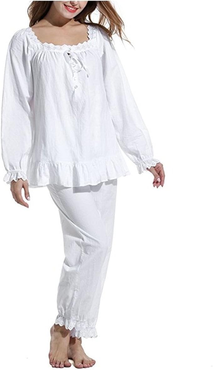 1920s Nightgowns, Pajamas and Robes History Womens 2 Set Cotton Victorian White Long Sleeve Pajama Set Nightgown Sleepwear  AT vintagedancer.com