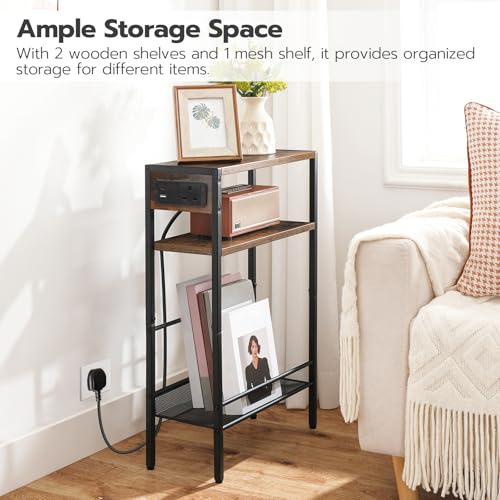 HOOBRO Narrow Side Table with Charging Station, Skinny Nightstand with USB Ports and Outlets, Slim Sofa End Table, Industrial Bedside Table with Storage Shelf, Rustic Brown and Black EBF102KBZ01