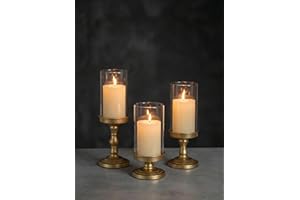 NUPTIO Hurricane Glass Candle Holders: Pillar Candle Stand with Open Ended Chimney - Set of 3 Gold Metal Candleholder for Fir