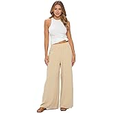 Women Wide Leg Linen Palazzo Pants Regular Waist Boho Flowy Pants with Pocket Travel Trousers - Made in USA