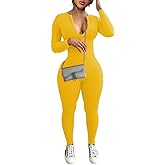 YeGine Women Long Sleeve Bodycon Jumpsuit Sexy Rompers One Piece Zip Up jumpsuits