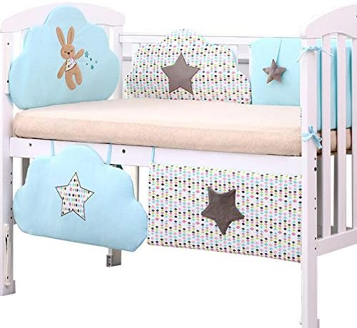 JXwang Baby Nest Cot Protector Baby Cot Bumper,6 Pieces Nursery Wrap Around Protection Luxury Bedding 100% Cotton Breathable(12060CM Or 13070cm),Bluerabbit-12060CM-（47.2inch23.6inch
