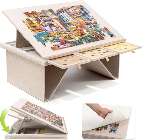 SLEEPHEAD®Felt Jigsaw Puzzle Table with 3-Tilting-Angle, Puzzle Board for Adults with Foldable Legs, Super Lightweight Portable Tables with 4 Drawers & Cover, for 1500 Piece Puzzles