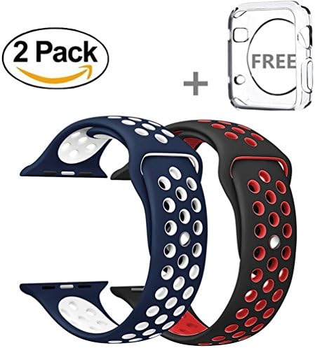 Sport Band for Apple Watch 42mm, Soft Silicone Sport Strap Replacement Bands for iWatch Apple Watch Series 3, Series 2, Series 1,2 Pack with free iWatch screen Protector (Blue/White + Red/Black)