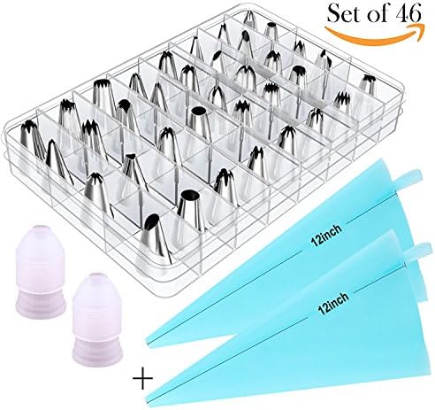 Set of 46 Cake Decorating Supplies Kit with - Include 42 Pieces Professional Stainless Steel Icing Tips, 2 Reusable Plastic Coupler, 2 Reusable Silicone Pastry Bags