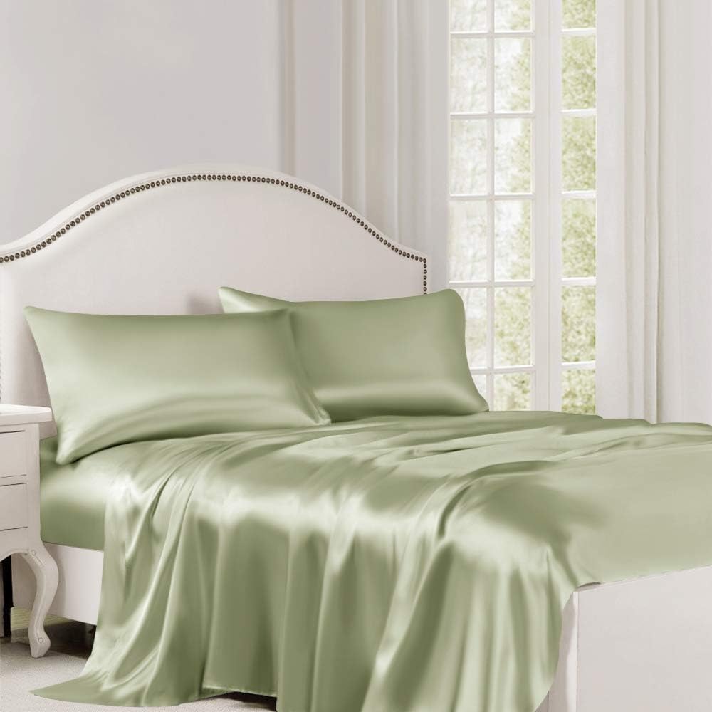 ElleSilk Mulberry Silk Sheet, 22 Momme Flat Silk Sheet, 100% Charmeuse Silk, Flat Top Sheet, Natural Care to Skin, Twin 66" x 96", Sage Green