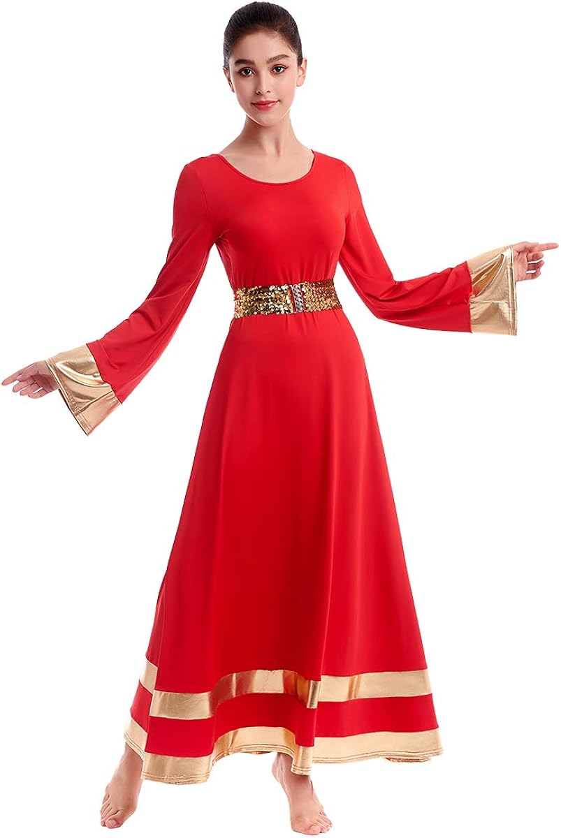 Women Metallic Praise Dance Dress Bell Long Sleeve Full Length Liturgical Tunic Skirt+Sequins Waistband Worship Costume: Clothing