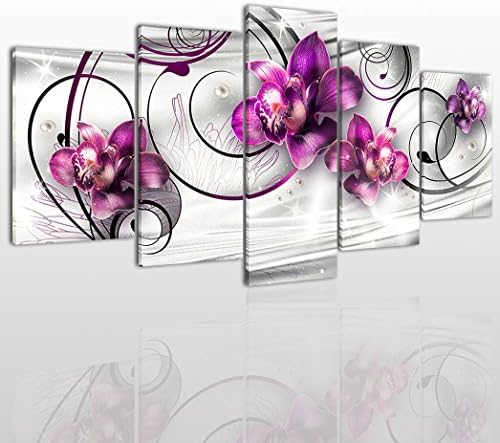 Abstract Flower Canvas Wall Art Painting Modern Design Picture For Home Office Decor - 5 Pieces Purple Flowers Framed On Wooden Frame Image Pictures Photo Artwork Decoration Ready To Hang
