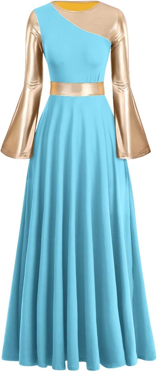 Women Metallic Bi Color Liturgical Praise Dance Dress Bell Long Sleeve Lyrical Dancewear Church Robe Worship Costume: Clothing