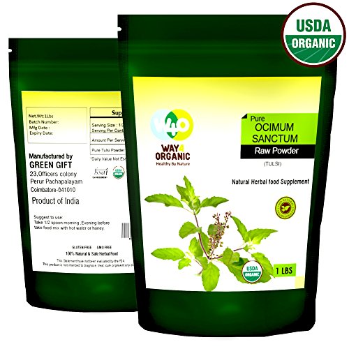 Organic Tulsi Powder Holy Basil Powder 16 Ounces(1 Pound) - Ocimum Sanctum - USDA Organic Certified - Way4Organic