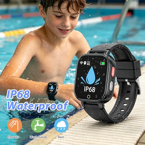 4G Children's Smartwatch with Video Call, GPS, SOS, Voice Chat, IP68 Waterproof, School Mode, Pedometer, Alarm Clock, Educational Games, Children's Watch Gift for Boys and Girls 4-12 Years (Black-8A)