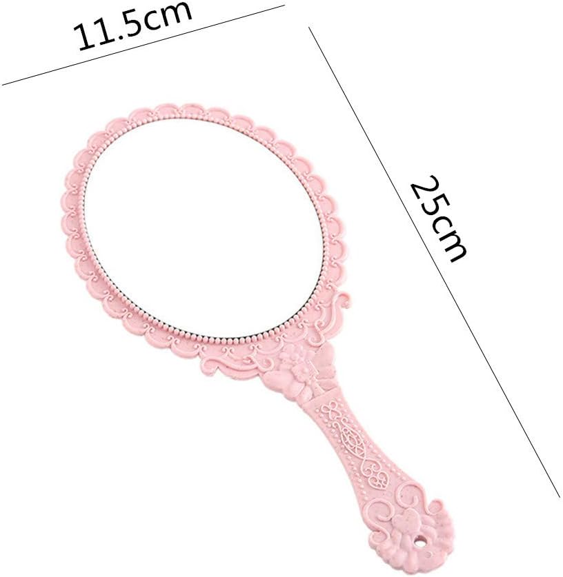 Dzrige Handheld Mirror Vintage Pattern Handle Makeup Mirror Hand Held Travel Mirrors Personal Cosmetic Mirror with Powder Puff (Pink): Kitchen & Dining