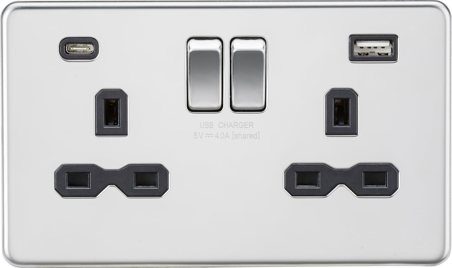 13A 2G SP Switched Socket with Dual USB A+C (5V DC 4.0A shared) - Polished Chrome with Black Insert