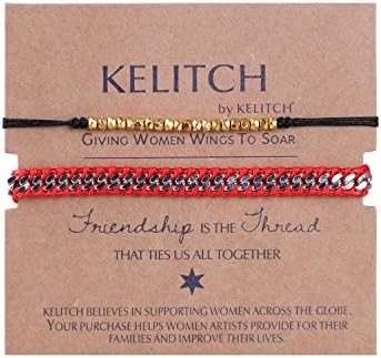 KELITCH 2 pcs/set Red Thin Rope Cord Stainless Steel Chain Bracelet Gold-Plated Nugget Black String Bangle