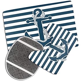 Nautical Bathroom Rug Set 3 Piece Navy Anchor Blue Stripe Background Non Slip Bath Carpet Mat U-Shaped Contour Mat… 51QsKL iHeL