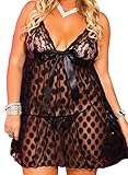 IWISHME Womens Sexy Mesh Babydoll Lingerie Set with Polka Dots (XL, Black)