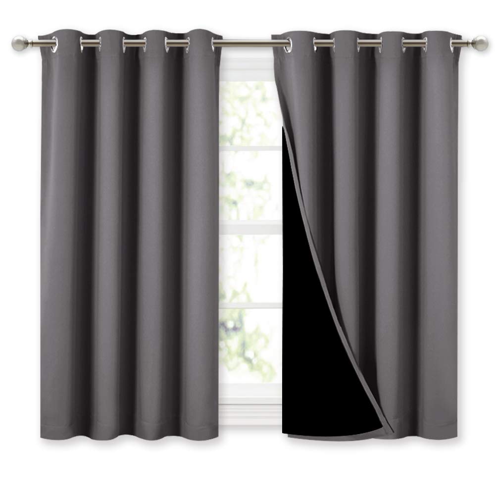 Photo 1 of NICETOWN 100% Blackout Curtains with Black Liners, Thermal Insulated Full Blackout 2-Layer Lined Curtains, Energy Efficiency Window Draperies for Dining Room (Grey, 2 Panels, 52-inch W by 45-inch L)