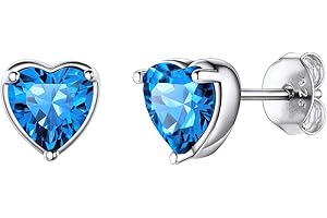 Suplight 925 Sterling Silver Round/Heart Crystal Birthstone Necklace/Stud Earrings, 6 Prong/3 Prong Dainty Small Crystal Jewe