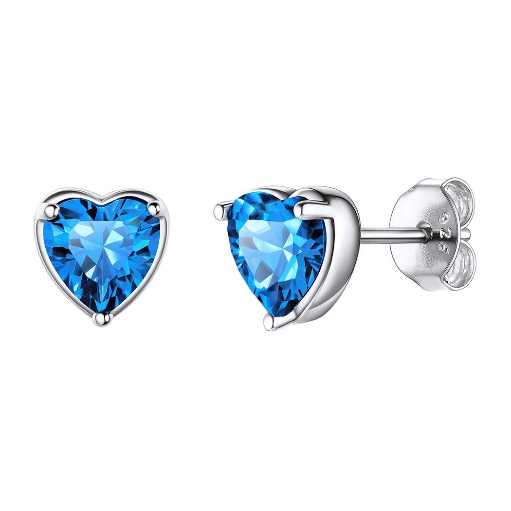 Suplight 925 Sterling Silver Crystal Heart Earrings, Women Cute Dainty Stud Earrings Blue Topaz December Birthstone Hypoallergenic Earrings for Sensitive Ears