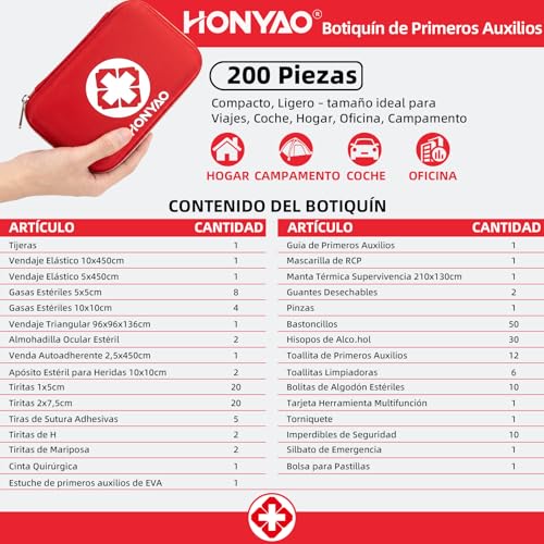 HONYAO 200 Pcs First Aid Kit Mini Survival Kit Emergency Medical Bag Complete for Home Car Boat Workplace Backpack and Camping Hiking Travel