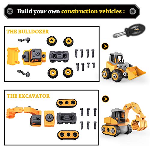 GrowthPic Take Apart Construction Toys, STEM Educational Building Vehicle Toy Set, Realistic Assembly Bulldozer Excavator, for 3 and up Toddlers Boys and Girls as Xmas Gift