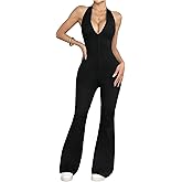WDIRARA Women's Deep V Neck Halter Sleeveless Flare Jumpsuits Backless Bell Bottom Pants Romper