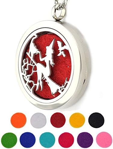 DIB Halloween Stainless Steel Aromatherapy Essential Oil Diffuser Witch 30mm Pendant Necklace, 11 Refill Pads