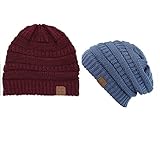 Trendy Warm Chunky Soft Stretch Cable Knit Slouchy Beanie Skully HAT20A (One Size, 2 PACK DENIM/BURGUNDY)