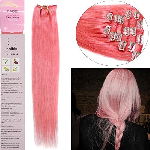 Haibis 15''-22''7pcs 70g/80g Straight Clip in Remy Human Hair Extensions(18''70g,#Pink)