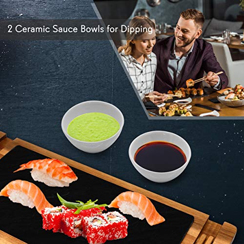 Wooden Board Sushi Serving Plate - Rectangular Japanese Sushi Serving Plate - Acacia Wood Platter Display/Cutting/Serving Tray Set - Slate Plate, 2 Ceramic Sauce Bowls, Chopstick - NutriChef PKSUSH10