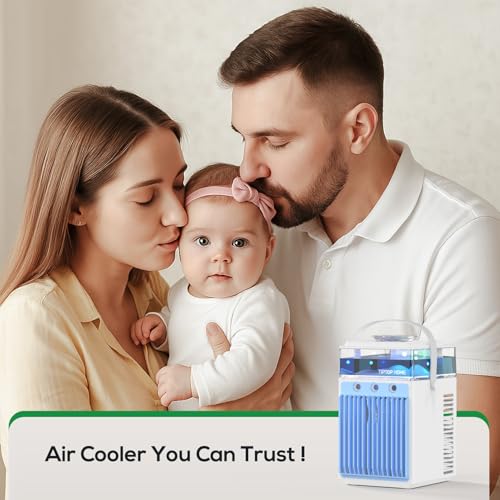 Portable Air Conditioners, 4-IN-1 Evaporative Air Cooler with App Control, 800ml Water Tank, Rechargeable Mini Air Conditioner, 3 Speeds & 3 Mist, Colorful Night Light Cooling Fan (White)