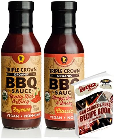 Cayenne &amp; Classic BBQ Sauce 2 Pack 14oz ea Barbeque fr Triple Crown BBQ Sauce USDA Organic Non GMO Gluten Free Vegan | Best for Chicken Sandwich Pork Ribs | See Pckge fr Free BBQ Bk (Cynne&amp;Clssc, 2pk)