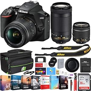 Nikon D3500 24.2MP DSLR Camera w/ 18-55mm VR Lens & 70-300mm Lens, Deco Gear Camera Bag (Medium), Sandisk 16GB Memory Card and Professional Editing Suite