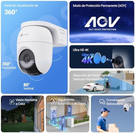 Câmera de Vigilância WiFi ao Ar Livre de 4MP, Câmera Sem Fio AOV 360° PTZ com Bateria de 5200mAh, Deteção de Forma Humana/Veículo, Visão Noturna Colorida, Defesa Ativa, Painel Solar CB8 Lite+5W