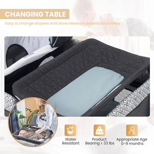 5 in 1 Multifunctional Pack and Play,Qutanix Foldable Baby Crib with Bassinets,Changing Table,Newborn Napper with Canopy,Diaper Stacker,Baby Playpen for Babies and Toddlers