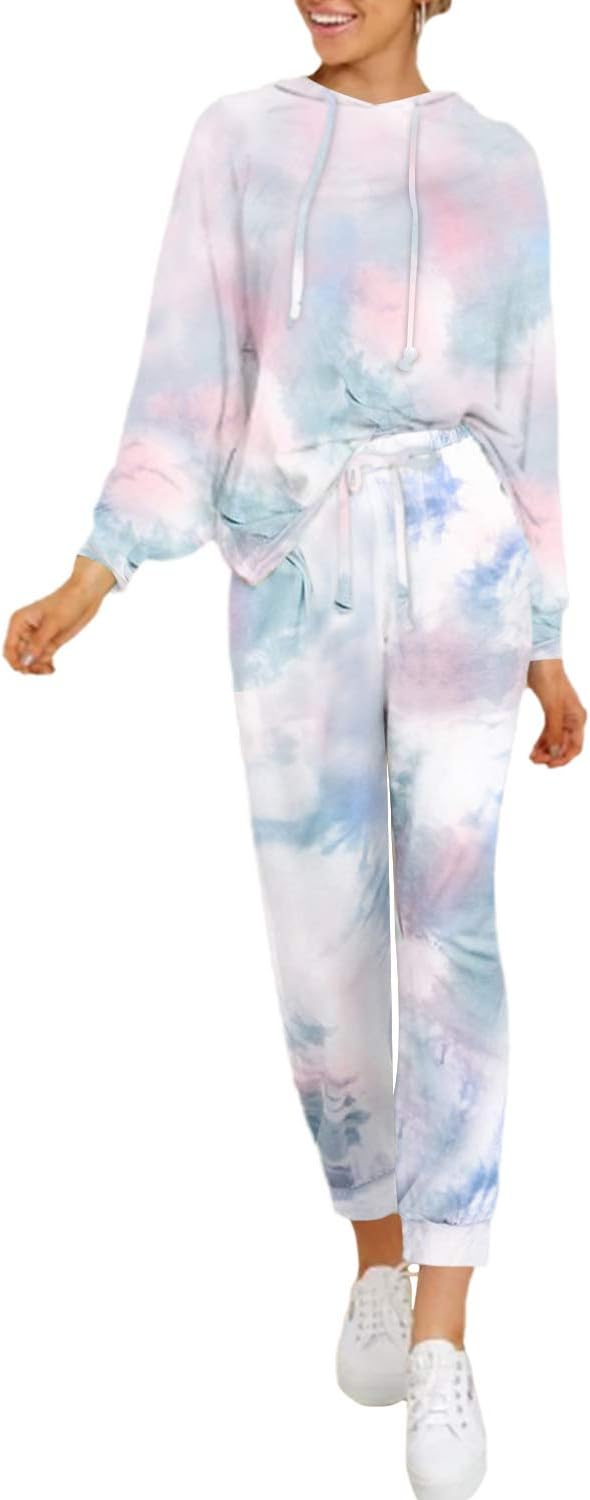 Fixmatti Women 2 Piece Tie Dye Sweatsuit Pullover Shirts and Drawstring Sweatpants Set