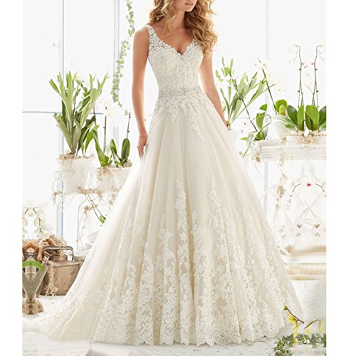 image for Fair Lady 2017 Lace V Neck Wedding Dress Beaded Bridal Dresses Appliqu