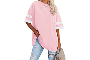 Fisoew Womens Oversized Tees Loose T Shirts Half Sleeve Crew Neck Color Block Cotton Tunic Tops