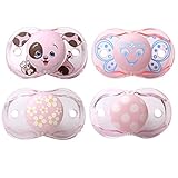 RazBaby Keep-It-Kleen Pacifiers - Pack of 4 (Rosa Penguin, Betty Butterfly, Pink Hearts & Flowers, Pink Polka Dots)