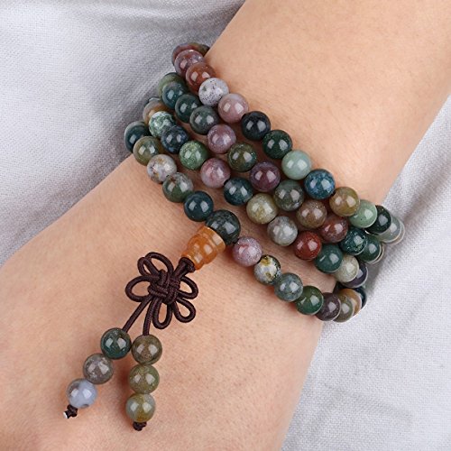 TUMBEELLUWA 6mm Stone Beads Bracelet for Women and Men, 108 Mala Prayer Beads Necklace for Unisex Elastic,India Agate