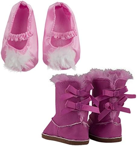 MangoPeaches 18" Doll Winter Boots & Fuzzy Slippers - Doll Deluxe Set of 2 Shoes-Suede Fuzzy Boots with 2 Pink Bows on The Back - Pink/White Fuzzy Slippers -Compatible with 18" Girl Dolls & More!
