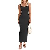 OKIFOIR Women's Square Neck with Lace Trim Sleeveless Long Maxi Dress Lounge Ribbed Bodycon Elegant Dresses