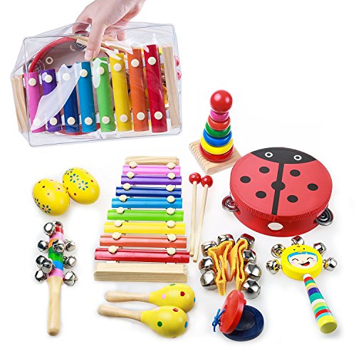 OAMCEG Toddler Musical Instruments, 9 Types 12Pcs Wooden Percussion Instruments Toy Set for Kids Preschool Educational with Free Carrying Bag