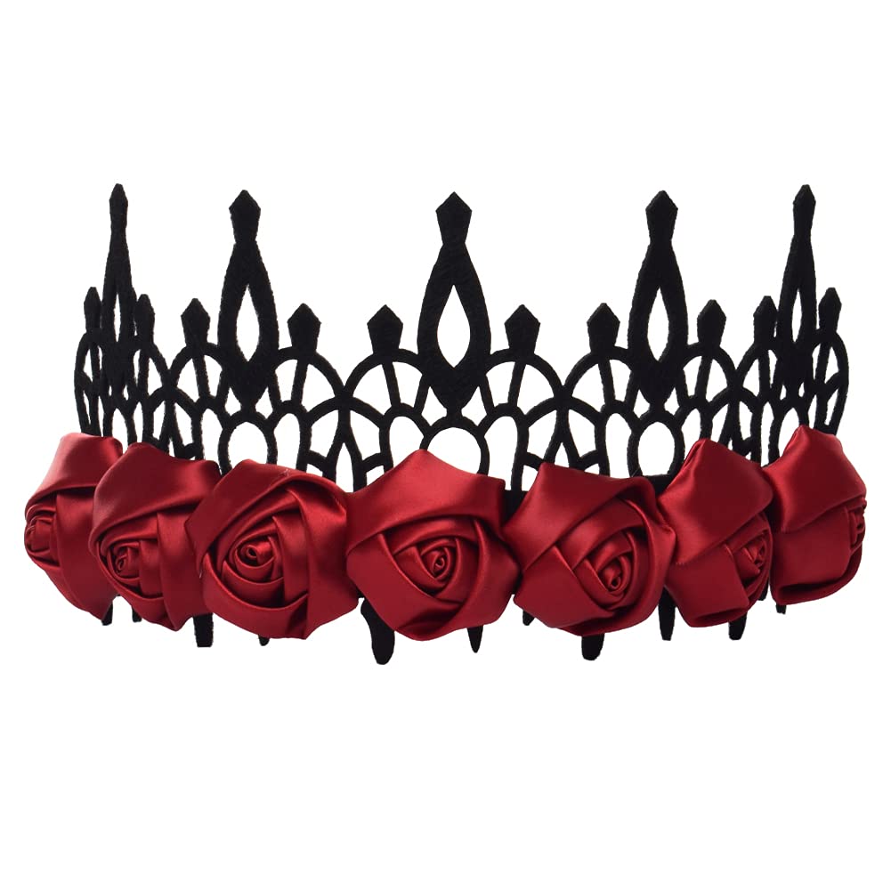 Women Rose Flower Red Headband Punk Gothic Crown Hair Band (Red 1)