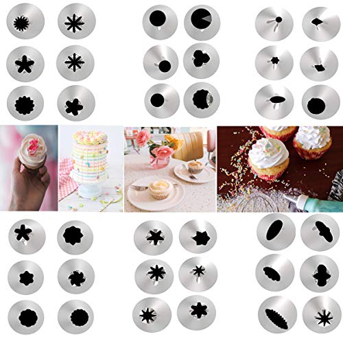 54 PCs Cake Decorating Kit, 36 Baking Supplies Icing Tips with Cleaning Brush, 2 Reusable Silicone Piping Bags, 10 Disposable Pastry Bags, 2 icing spatulas, 2 Reusable Coupler, and Cake Stripping Tool