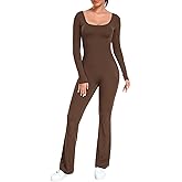 ECUPPER Women Long Sleeve Flared Jumpsuit Scrunch Romper One Piece Full Bodysuits Yoga Unitard Wide Leg Catsuit with Pocket