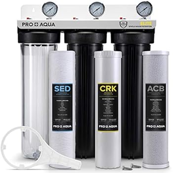 Pro Aqua ELITE Whole House Water Filter 3 Stage Well Water Filtration System w/Gauges, PR Button, 1