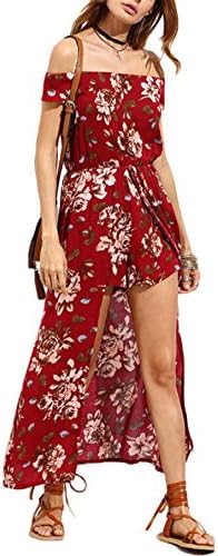 Women Rompers and Jumpsuits Burgundy Flower Print Short Sleeve Off The Shoulder High Low Romper Red M