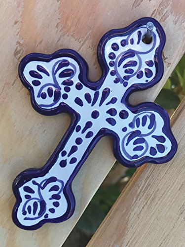 Talavera Ceramic Cross 4'' Modern Art Design Authentic Puebla Mexico Pottery Hand Painted Design Vivid Colorful Hanging wall Art Decor Signed [Classic Blue_04]